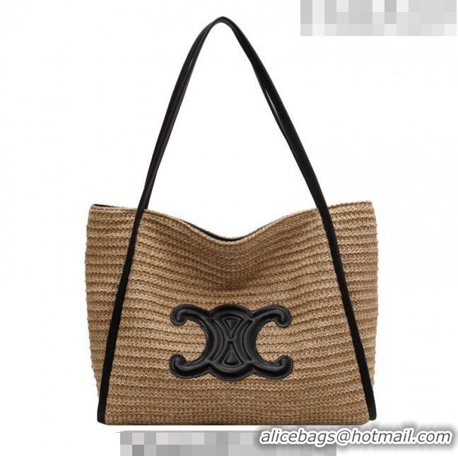 Famous Brand Celine Triomphe Straw Tote Bag 0627 Beige/Black 2023