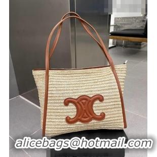 Good Looking Celine Triomphe Straw Tote Bag 0627 Beige/Brown 2023