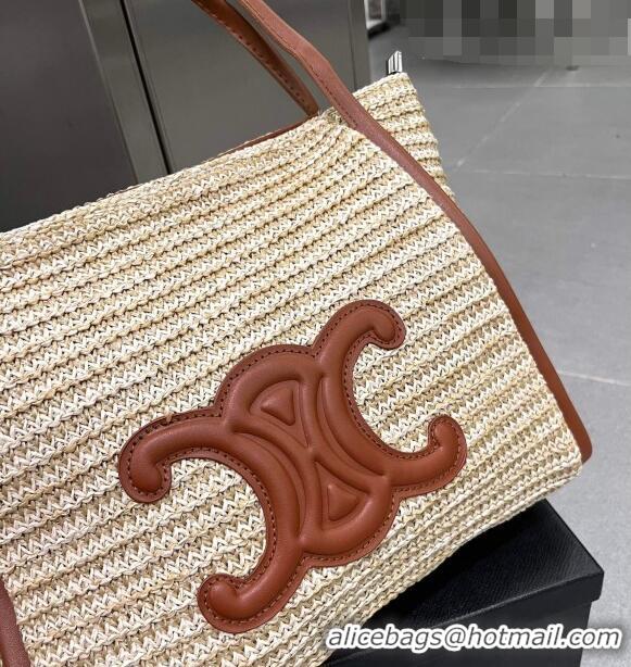 Good Looking Celine Triomphe Straw Tote Bag 0627 Beige/Brown 2023