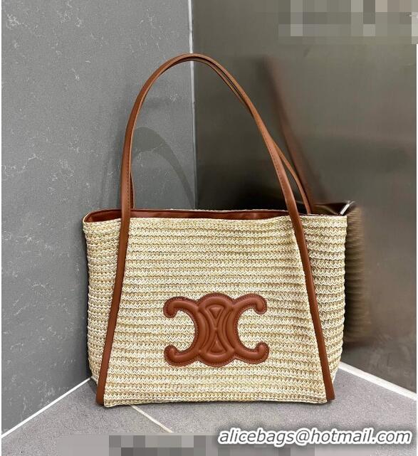 Good Looking Celine Triomphe Straw Tote Bag 0627 Beige/Brown 2023