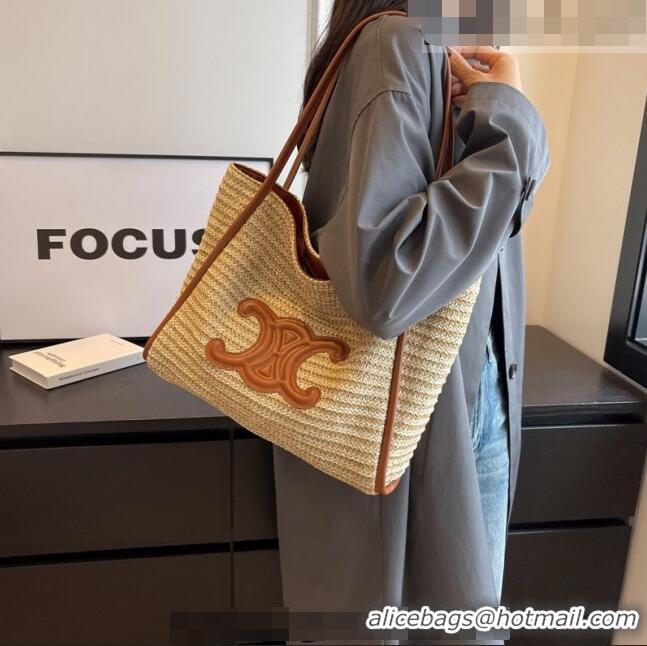 Good Looking Celine Triomphe Straw Tote Bag 0627 Beige/Brown 2023