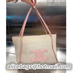 Top Design Celine Triomphe Straw Tote Bag 0627 Beige/Pink 2023