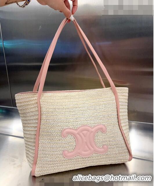 Top Design Celine Triomphe Straw Tote Bag 0627 Beige/Pink 2023