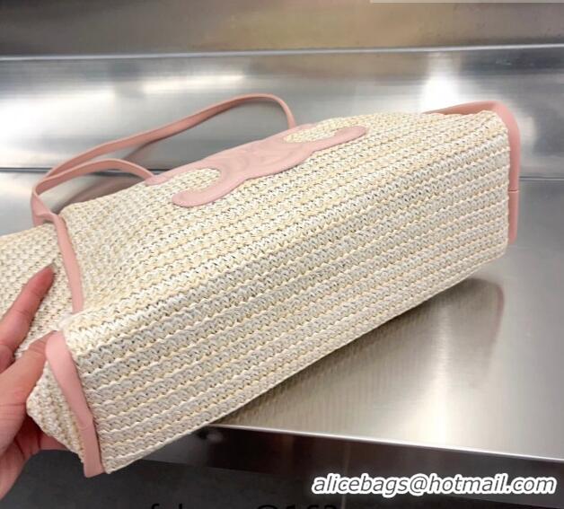 Top Design Celine Triomphe Straw Tote Bag 0627 Beige/Pink 2023