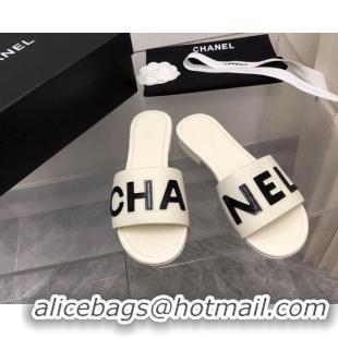 Unique Style Chanel Lambskin Flat Slide Sandals with CHANEL White 327004