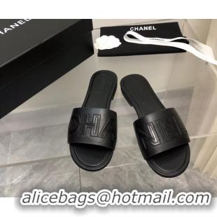 Good Quality Chanel Lambskin Flat Slide Sandals with CHANEL Black 327005