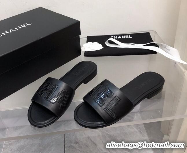 Good Quality Chanel Lambskin Flat Slide Sandals with CHANEL Black 327005