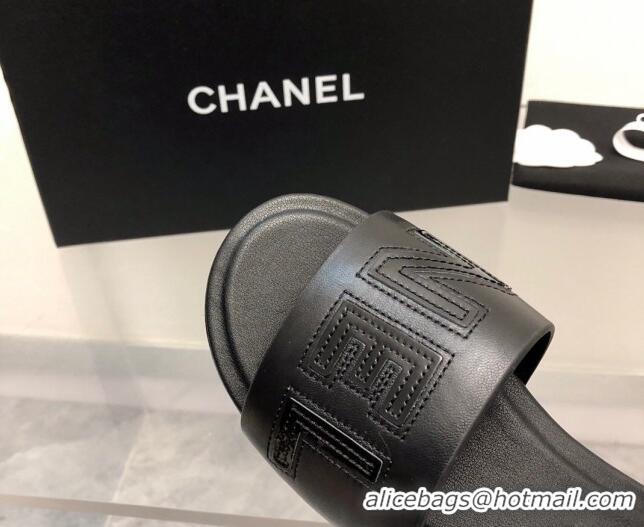 Good Quality Chanel Lambskin Flat Slide Sandals with CHANEL Black 327005