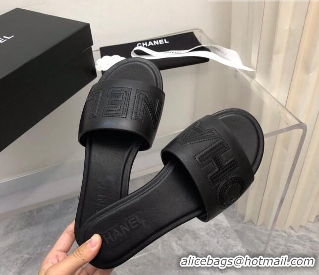 Good Quality Chanel Lambskin Flat Slide Sandals with CHANEL Black 327005