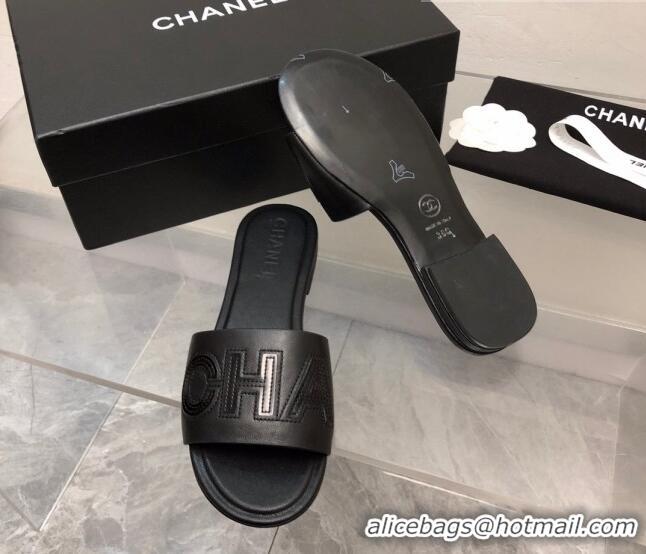 Good Quality Chanel Lambskin Flat Slide Sandals with CHANEL Black 327005