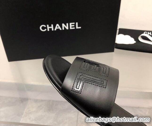 Good Quality Chanel Lambskin Flat Slide Sandals with CHANEL Black 327005