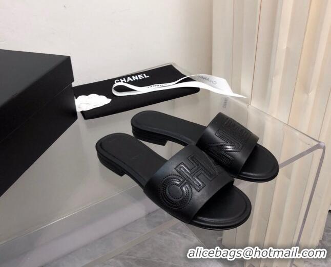 Good Quality Chanel Lambskin Flat Slide Sandals with CHANEL Black 327005