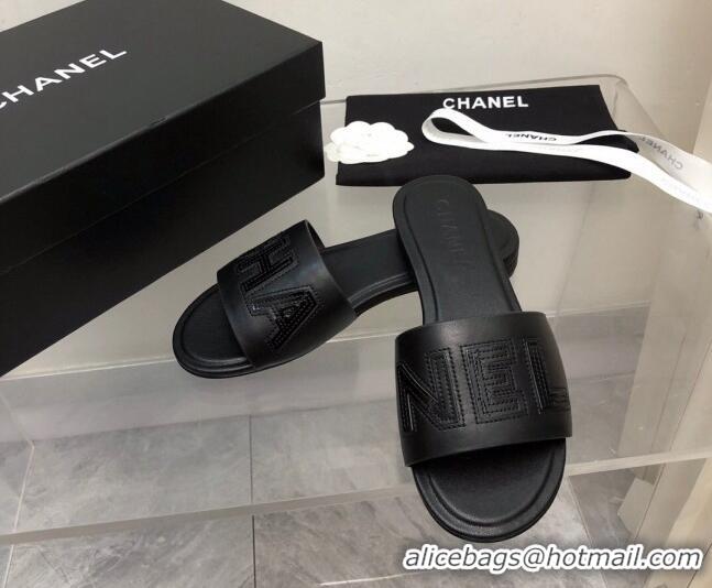 Good Quality Chanel Lambskin Flat Slide Sandals with CHANEL Black 327005