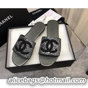 Grade Quality Chanel CC Sequins Flat Slide Sandals Dark Grey 327007