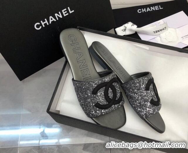 Grade Quality Chanel CC Sequins Flat Slide Sandals Dark Grey 327007