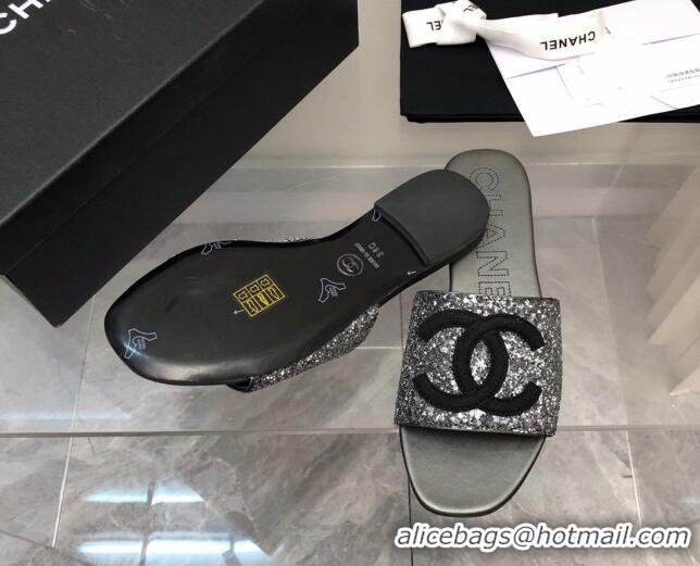 Grade Quality Chanel CC Sequins Flat Slide Sandals Dark Grey 327007