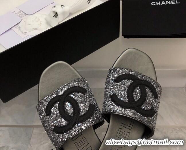 Grade Quality Chanel CC Sequins Flat Slide Sandals Dark Grey 327007