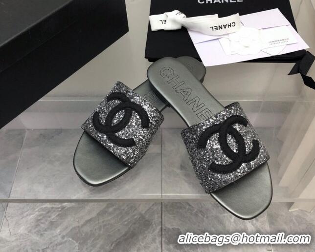 Grade Quality Chanel CC Sequins Flat Slide Sandals Dark Grey 327007