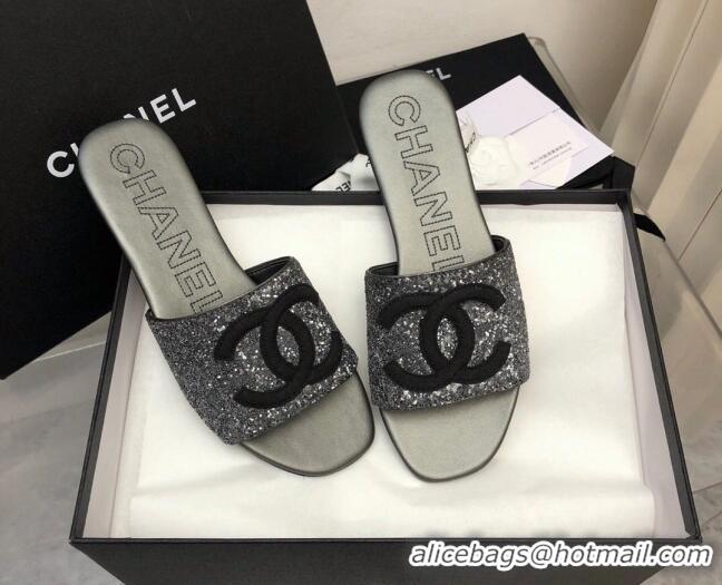 Grade Quality Chanel CC Sequins Flat Slide Sandals Dark Grey 327007