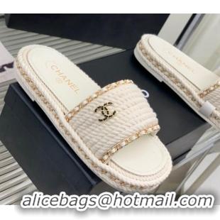 Pretty Style Chanel Chain Flat Slide Sandals White 328038