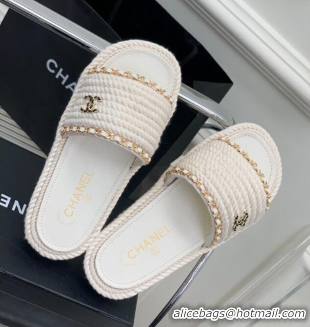 Pretty Style Chanel Chain Flat Slide Sandals White 328038