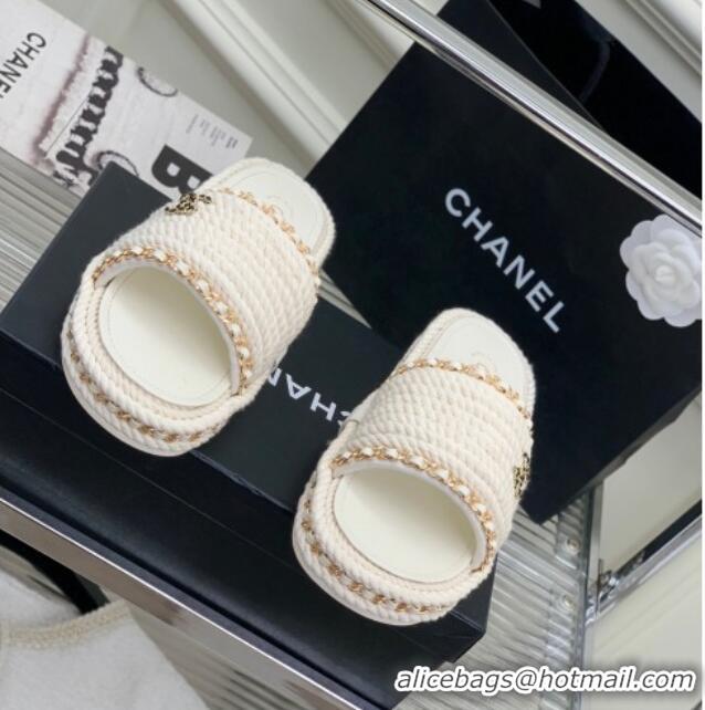 Pretty Style Chanel Chain Flat Slide Sandals White 328038