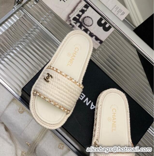 Pretty Style Chanel Chain Flat Slide Sandals White 328038