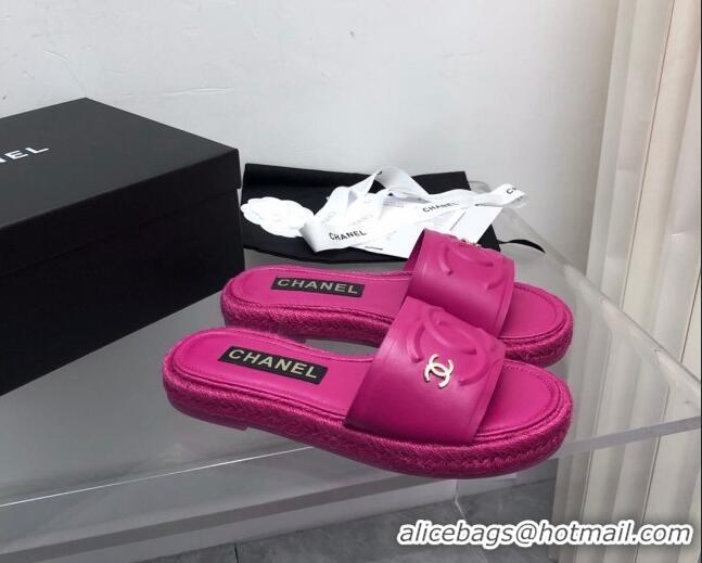 Top Grade Chanel Lambskin Flat Slide Sandals with Crochet Dark Pink 327008