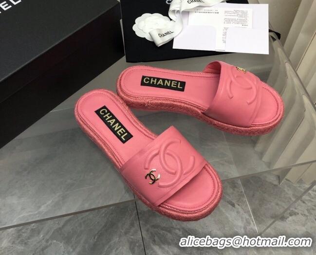 Perfect Chanel Lambskin Flat Slide Sandals with Crochet Peachy Pink 327009