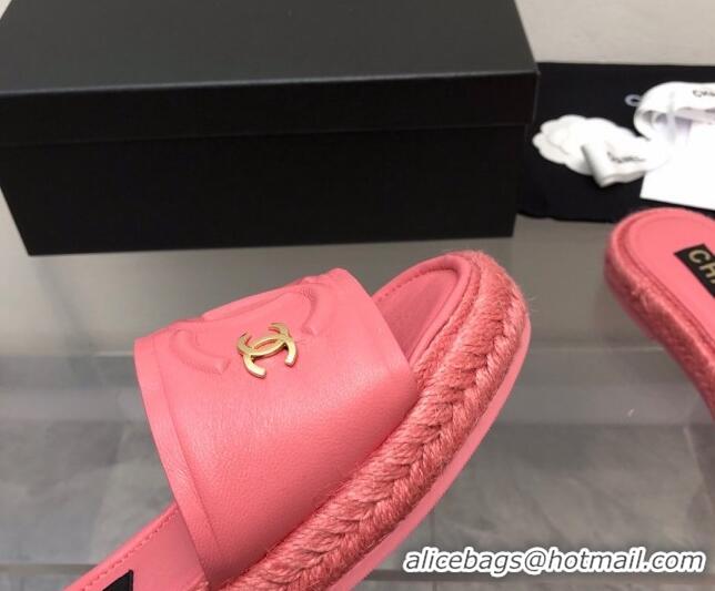 Perfect Chanel Lambskin Flat Slide Sandals with Crochet Peachy Pink 327009