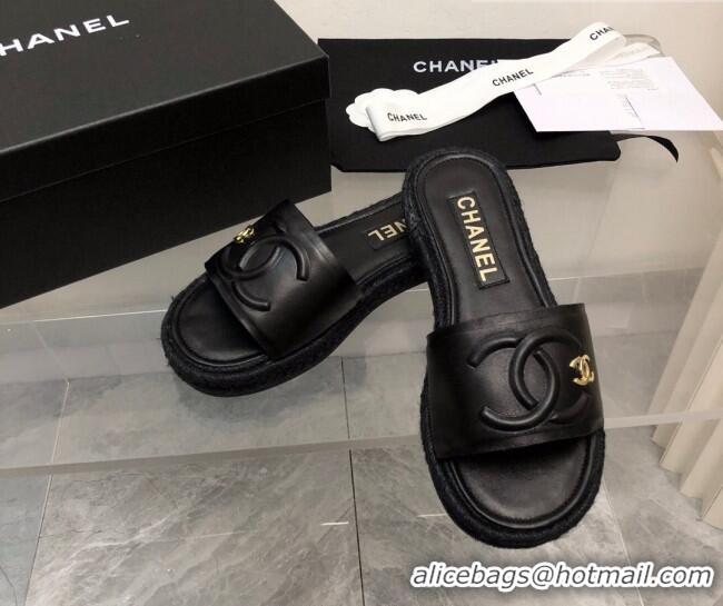 Top Design Chanel Lambskin Flat Slide Sandals with Crochet Black 327012