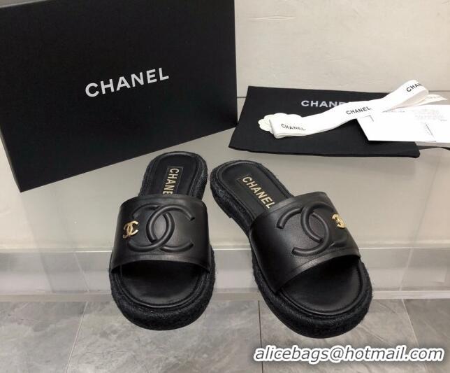 Top Design Chanel Lambskin Flat Slide Sandals with Crochet Black 327012