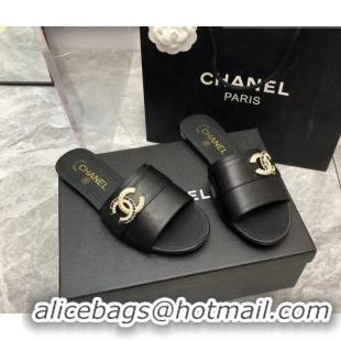 Duplicate Chanel Lambskin Flat Slide Sandals with Chain CC Black 327014