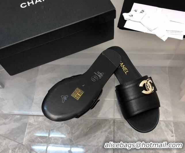 Duplicate Chanel Lambskin Flat Slide Sandals with Chain CC Black 327014