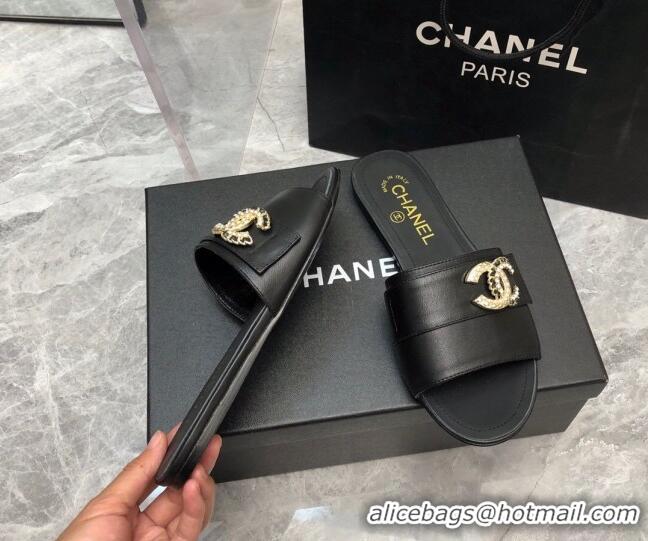 Duplicate Chanel Lambskin Flat Slide Sandals with Chain CC Black 327014