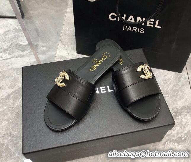 Duplicate Chanel Lambskin Flat Slide Sandals with Chain CC Black 327014