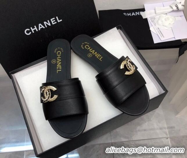 Duplicate Chanel Lambskin Flat Slide Sandals with Chain CC Black 327014