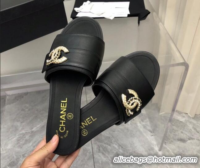 Duplicate Chanel Lambskin Flat Slide Sandals with Chain CC Black 327014