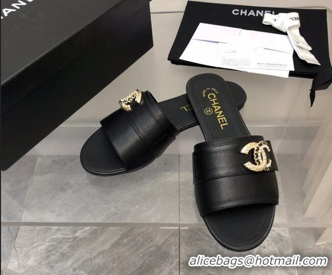 Duplicate Chanel Lambskin Flat Slide Sandals with Chain CC Black 327014