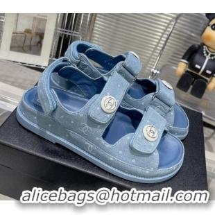 Best Grade Chanel Printed Denim Strap Flat Sandals G35927 Light Blue 0327016