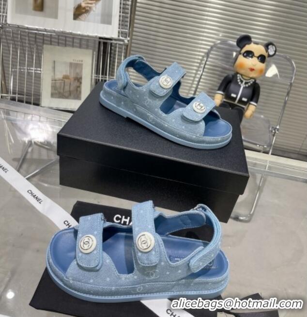 Best Grade Chanel Printed Denim Strap Flat Sandals G35927 Light Blue 0327016