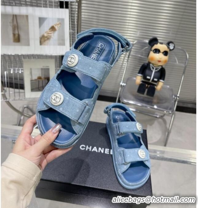 Best Grade Chanel Printed Denim Strap Flat Sandals G35927 Light Blue 0327016