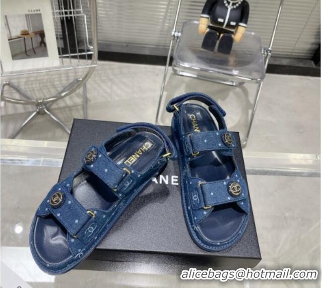 Top Grade Chanel Printed Denim Strap Flat Sandals G35927 Dark Blue