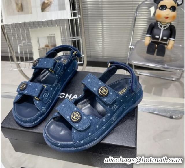 Top Grade Chanel Printed Denim Strap Flat Sandals G35927 Dark Blue