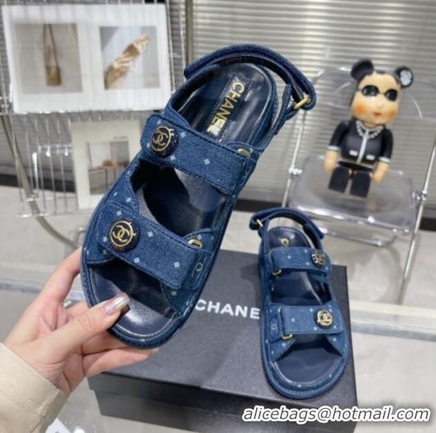 Top Grade Chanel Printed Denim Strap Flat Sandals G35927 Dark Blue