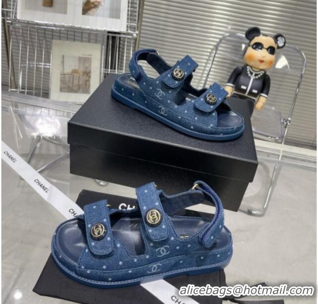 Top Grade Chanel Printed Denim Strap Flat Sandals G35927 Dark Blue