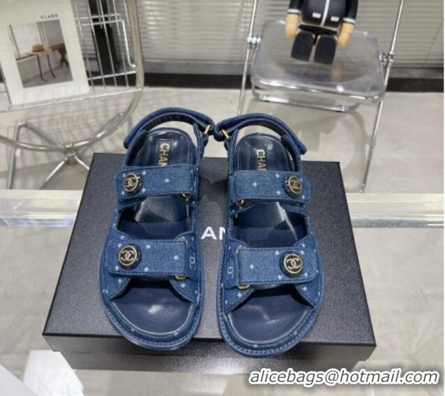 Top Grade Chanel Printed Denim Strap Flat Sandals G35927 Dark Blue