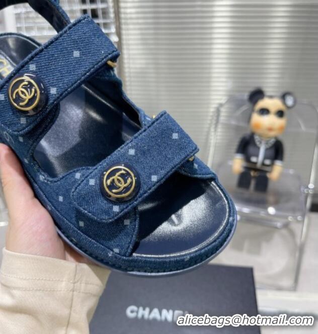 Top Grade Chanel Printed Denim Strap Flat Sandals G35927 Dark Blue