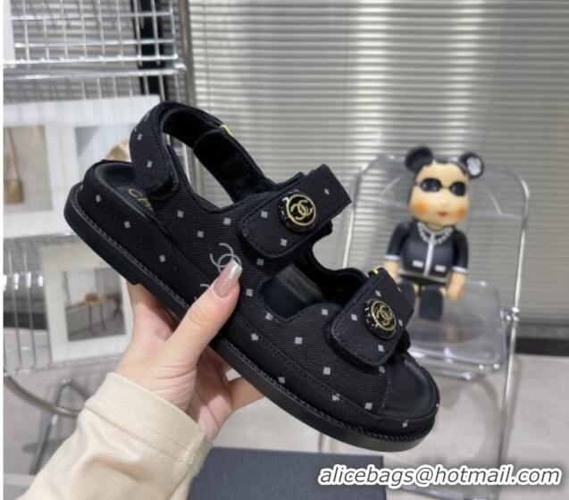 Popular Style Chanel Printed Denim Strap Flat Sandals G35927 Black