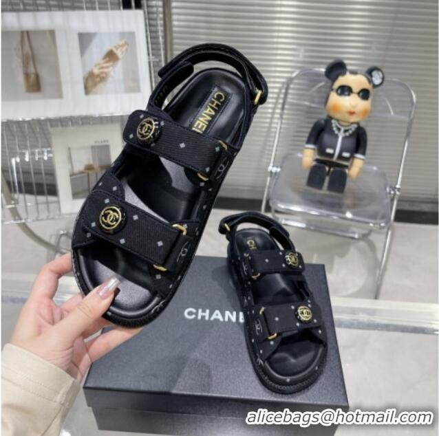 Popular Style Chanel Printed Denim Strap Flat Sandals G35927 Black